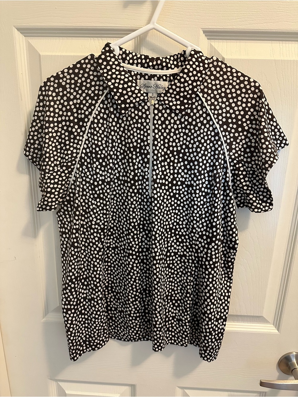Sport Haley Brown and White Polka Dot Short Sleeve Zip Polo